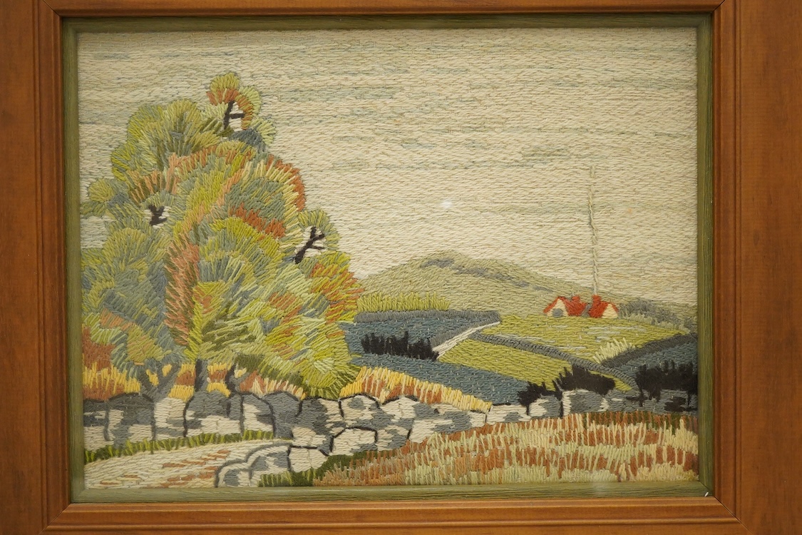 A framed 1930's woolwork landscape framed picture, 29cm x 23cm